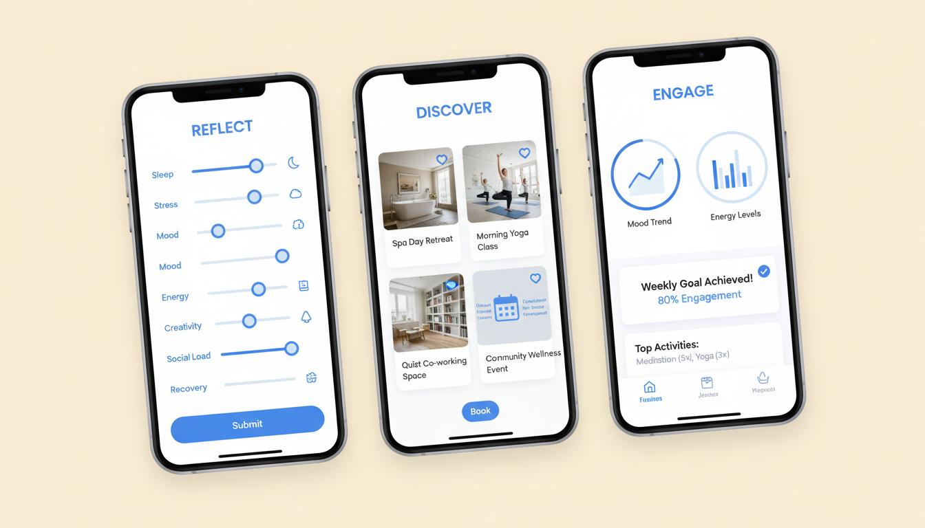 Club Mode app flow: Reflect, Discover, Engage