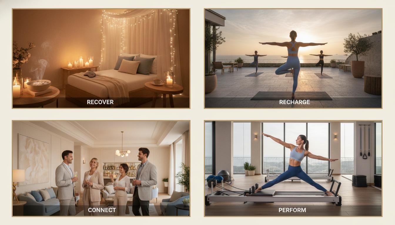 Four experience themes: Recover, Recharge, Connect, Perform