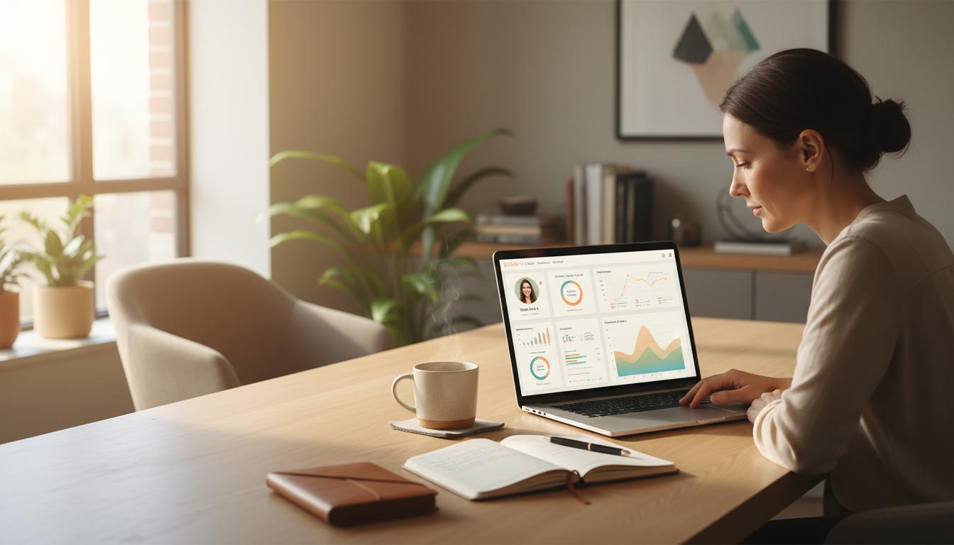 A wellness coach reviews a client's progress dashboard on her laptop — data-driven coaching in action