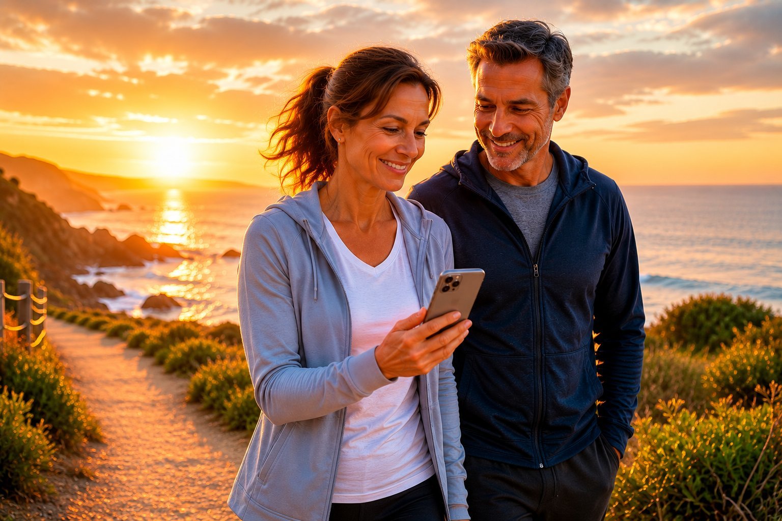 Couple walking outdoors at sunset, wellbeing as part of everyday life