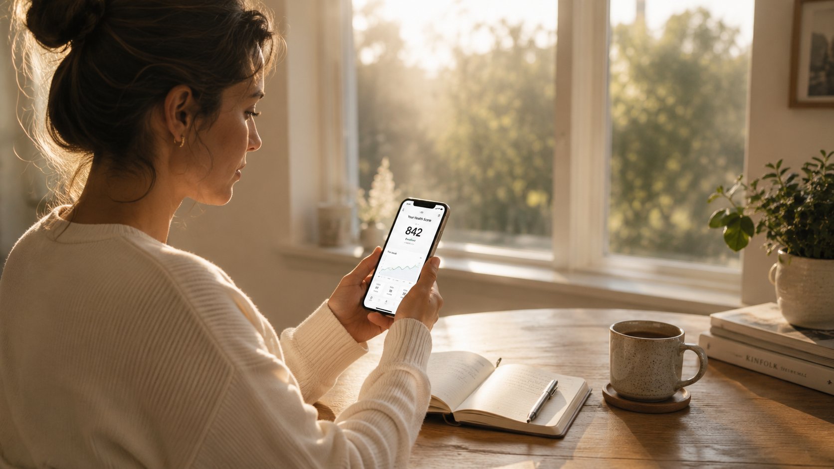 Person reviewing their Health Score with morning coffee and notebook