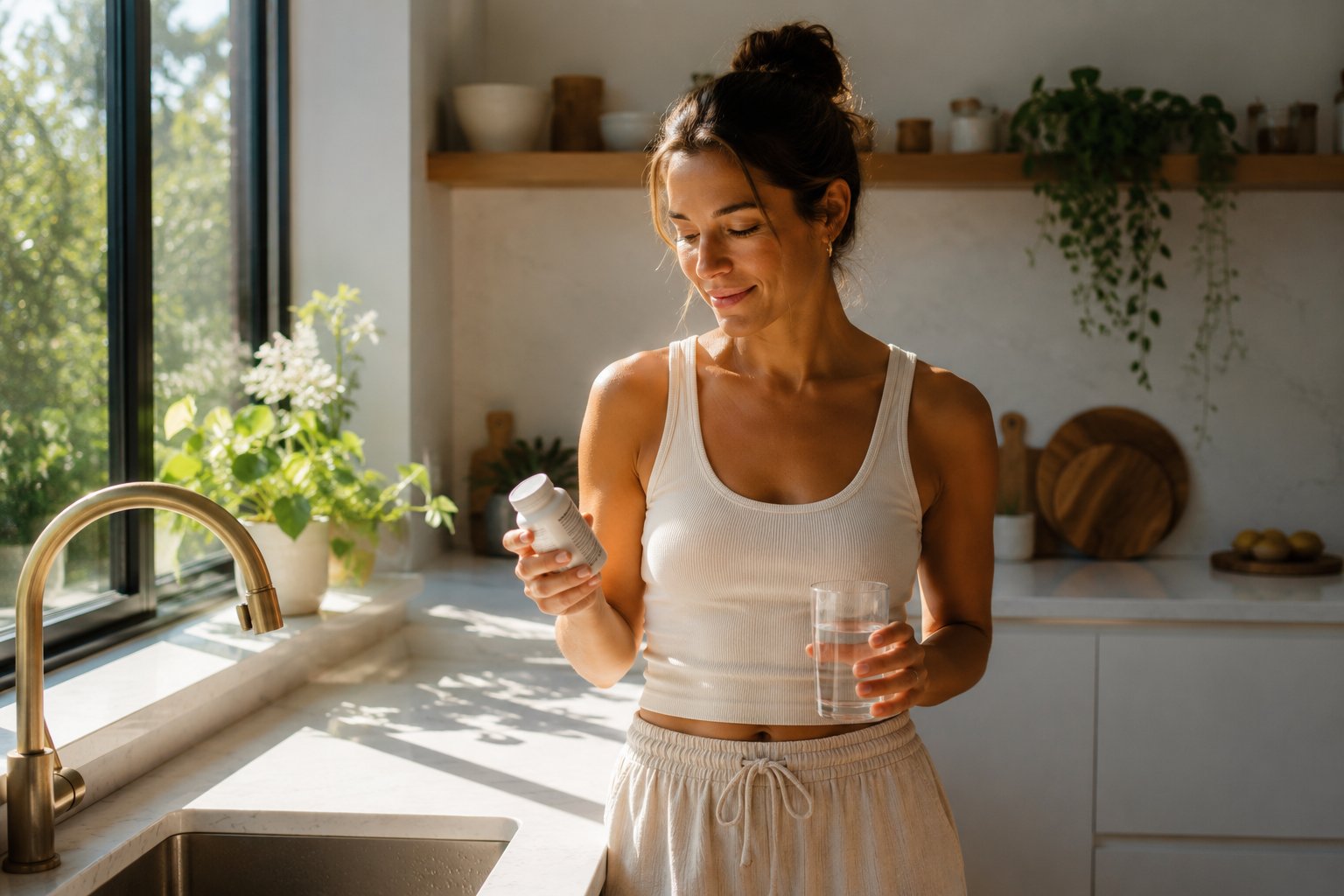 Woman incorporating natural supplements into her morning wellness routine