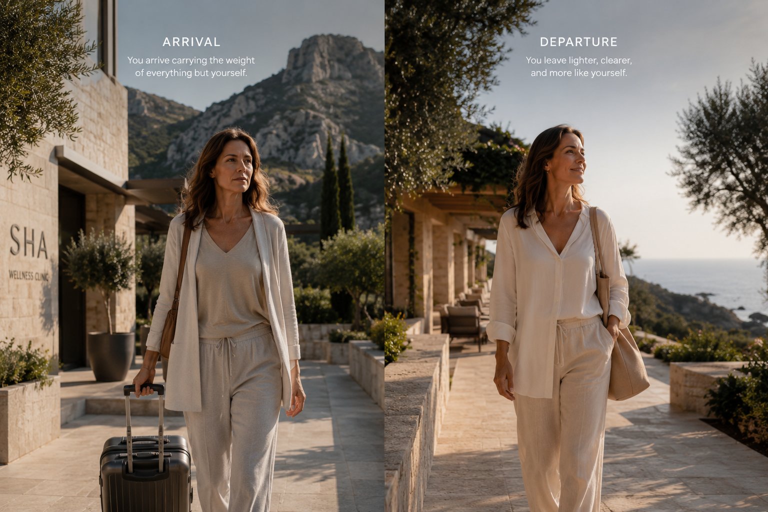 The same guest on arrival day and departure day — subtle but measurable wellness transformation