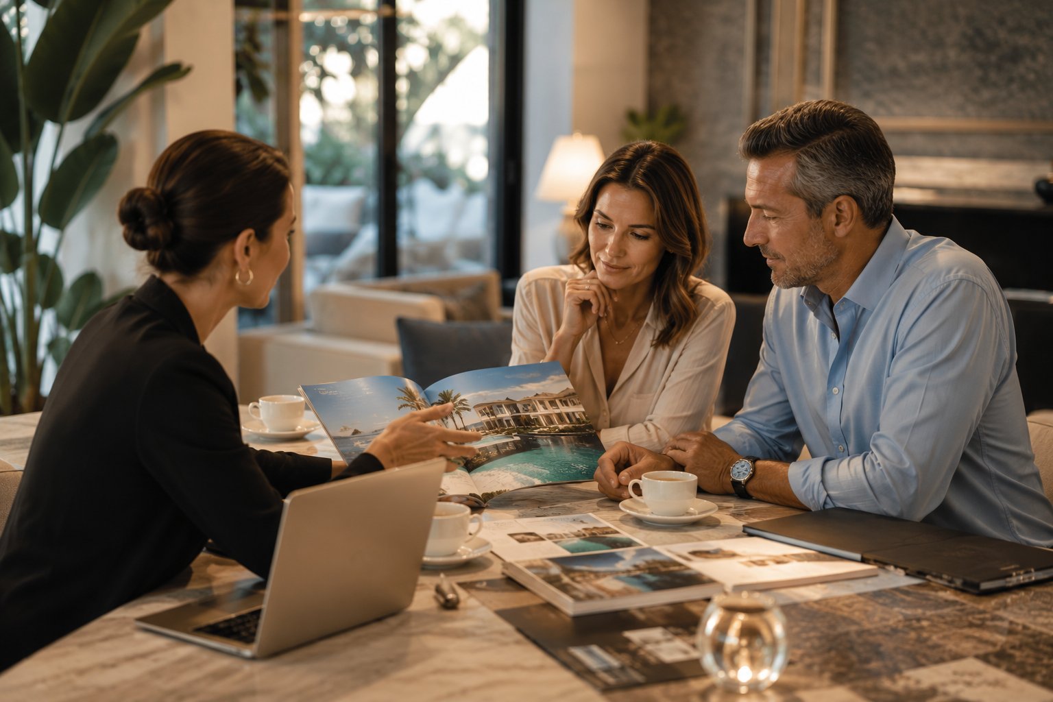 A luxury travel consultant meets with affluent travelers to plan their wellness retreat