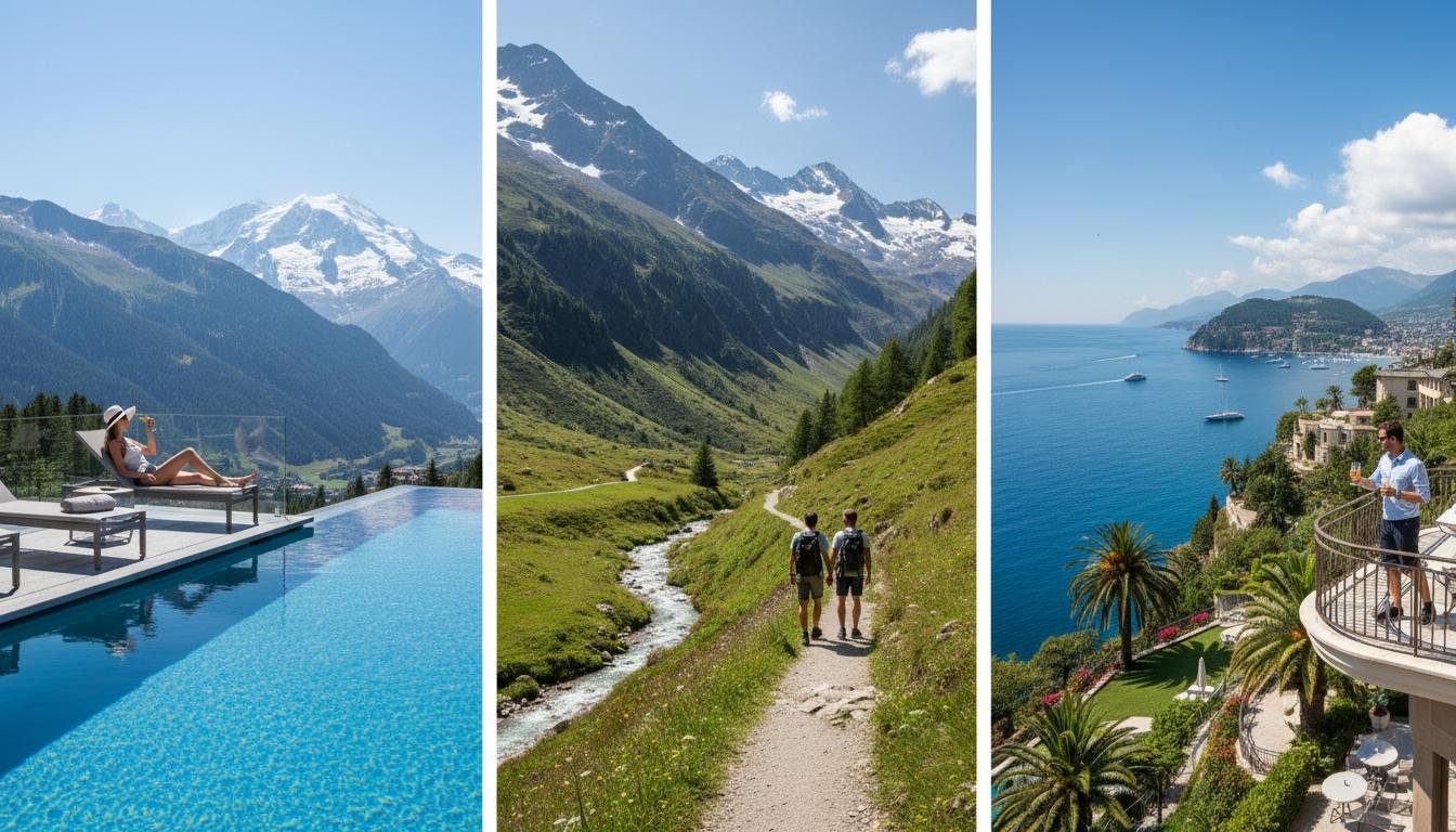 Three retreat types — wellness spa in the mountains, adventure hiking in the alps, luxury coastal resort at sunset